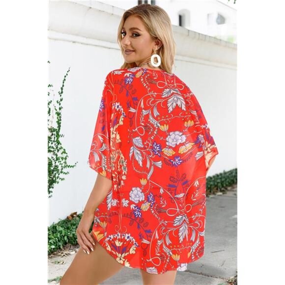 Women's Floral Print Puff Sleeve Kimono Cardigan Loose CoverUp Casual BlouseTops - Picture 6 of 7